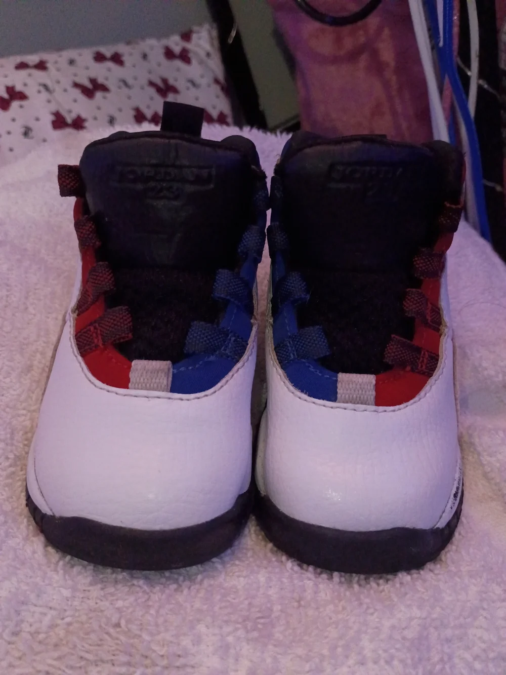 Kids Jordans White Sneakers with Red & Blue Accents
